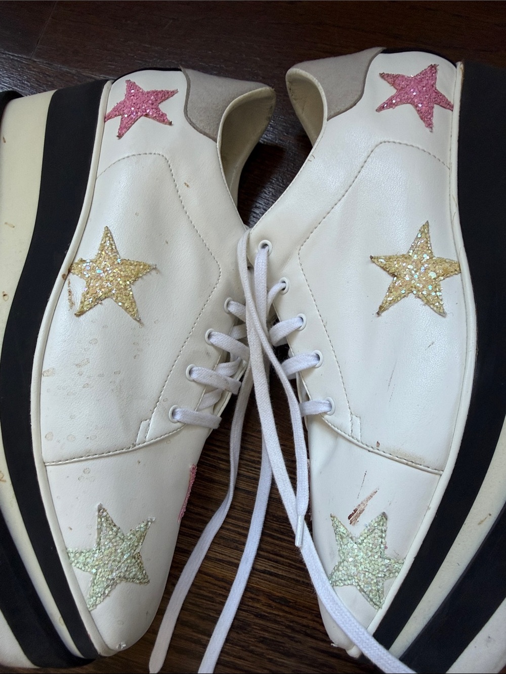 STELLA MCCARTNEY White Platform Sneakers Glitter Yellow Pink Green Stars Sz 38.5 - Picture 9 of 16